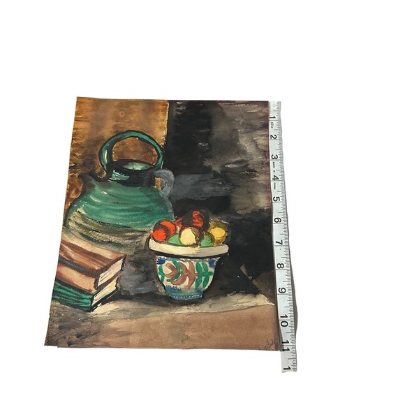 Vtg Signed Boden Water Color on Paper Still Life Books Fruit Vase Jug 11x9.5” EC - Picture 6 of 10